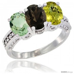 10K White Gold Natural Green Amethyst, Smoky Topaz & Lemon Quartz Ring 3-Stone Oval 7x5 mm Diamond Accent