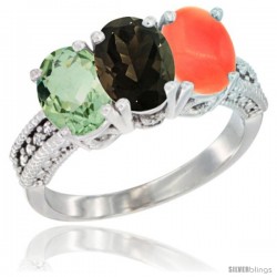 10K White Gold Natural Green Amethyst, Smoky Topaz & Coral Ring 3-Stone Oval 7x5 mm Diamond Accent