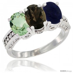 10K White Gold Natural Green Amethyst, Smoky Topaz & Lapis Ring 3-Stone Oval 7x5 mm Diamond Accent