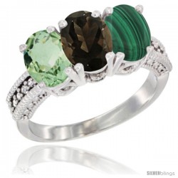 10K White Gold Natural Green Amethyst, Smoky Topaz & Malachite Ring 3-Stone Oval 7x5 mm Diamond Accent