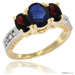 14k Yellow Gold Ladies Oval Natural Blue Sapphire 3-Stone Ring with Garnet Sides Diamond Accent