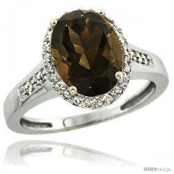 Sterling Silver Diamond Natural Smoky Topaz Ring 2.4 ct Oval Stone 10x8 mm, 1/2 in wide