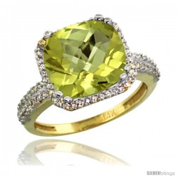 10k Yellow Gold Diamond Halo Lemon Quatrz Ring Checkerboard Cushion 11 mm 5.85 ct 1/2 in wide