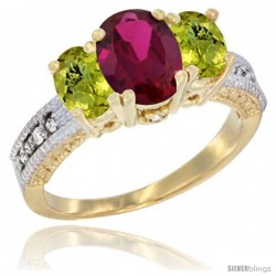 10K Yellow Gold Ladies Oval Natural Ruby 3-Stone Ring with Lemon Quartz Sides Diamond Accent