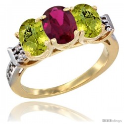 10K Yellow Gold Natural Ruby & Lemon Quartz Sides Ring 3-Stone Oval 7x5 mm Diamond Accent