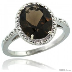 Sterling Silver Diamond Natural Smoky Topaz Ring 2.4 ct Oval Stone 10x8 mm, 1/2 in wide -Style Cwg07111