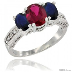 14k White Gold Ladies Oval Natural Ruby 3-Stone Ring with Blue Sapphire Sides Diamond Accent