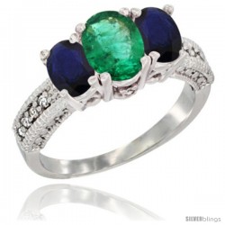 14k White Gold Ladies Oval Natural Emerald 3-Stone Ring with Blue Sapphire Sides Diamond Accent