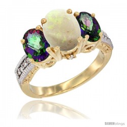 10K Yellow Gold Ladies 3-Stone Oval Natural Opal Ring with Mystic Topaz Sides Diamond Accent