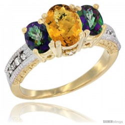 10K Yellow Gold Ladies Oval Natural Whisky Quartz 3-Stone Ring with Mystic Topaz Sides Diamond Accent