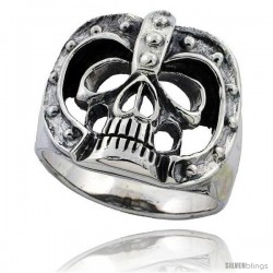 Sterling Silver Skull Ring with Head Armor 1 in wide