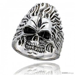 Sterling Silver Skull on Flames Ring 1 3/8 in wide