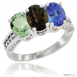 10K White Gold Natural Green Amethyst, Smoky Topaz & Tanzanite Ring 3-Stone Oval 7x5 mm Diamond Accent