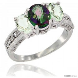 10K White Gold Ladies Oval Natural Mystic Topaz 3-Stone Ring with Green Amethyst Sides Diamond Accent