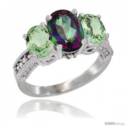 10K White Gold Ladies Natural Mystic Topaz Oval 3 Stone Ring with Green Amethyst Sides Diamond Accent