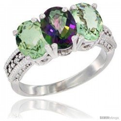 10K White Gold Natural Mystic Topaz & Green Amethyst Sides Ring 3-Stone Oval 7x5 mm Diamond Accent