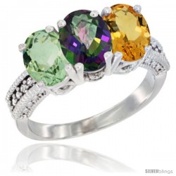 10K White Gold Natural Green Amethyst, Mystic Topaz & Citrine Ring 3-Stone Oval 7x5 mm Diamond Accent