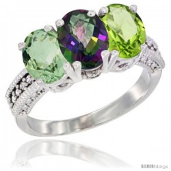 10K White Gold Natural Green Amethyst, Mystic Topaz & Peridot Ring 3-Stone Oval 7x5 mm Diamond Accent