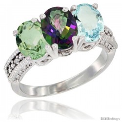 10K White Gold Natural Green Amethyst, Mystic Topaz & Aquamarine Ring 3-Stone Oval 7x5 mm Diamond Accent