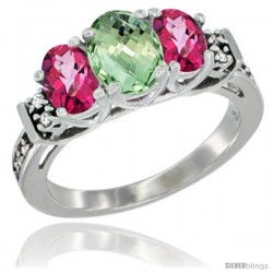 14K White Gold Natural Green Amethyst & Pink Topaz Ring 3-Stone Oval with Diamond Accent