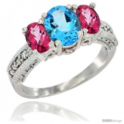 14k White Gold Ladies Oval Natural Swiss Blue Topaz 3-Stone Ring with Pink Topaz Sides Diamond Accent