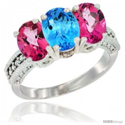 14K White Gold Natural Swiss Blue Topaz & Pink Topaz Sides Ring 3-Stone 7x5 mm Oval Diamond Accent