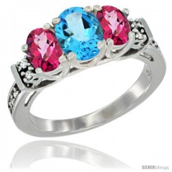 14K White Gold Natural Swiss Blue Topaz & Pink Topaz Ring 3-Stone Oval with Diamond Accent