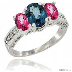 14k White Gold Ladies Oval Natural London Blue Topaz 3-Stone Ring with Pink Topaz Sides Diamond Accent