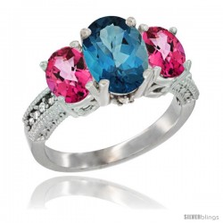 14K White Gold Ladies 3-Stone Oval Natural London Blue Topaz Ring with Pink Topaz Sides Diamond Accent