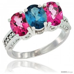 14K White Gold Natural London Blue Topaz & Pink Topaz Sides Ring 3-Stone 7x5 mm Oval Diamond Accent