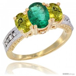 10K Yellow Gold Ladies Oval Natural Emerald 3-Stone Ring with Lemon Quartz Sides Diamond Accent