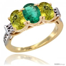 10K Yellow Gold Natural Emerald & Lemon Quartz Sides Ring 3-Stone Oval 7x5 mm Diamond Accent