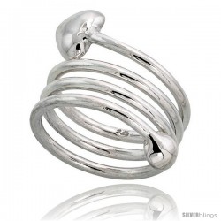 Sterling Silver Spiral Hand Made Snake, Wire Wrap Ring, w/ Heart-Shape Head, 1 (25 mm) wide