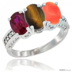 10K White Gold Natural Ruby, Tiger Eye & Coral Ring 3-Stone Oval 7x5 mm Diamond Accent