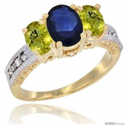 10K Yellow Gold Ladies Oval Natural Blue Sapphire 3-Stone Ring with Lemon Quartz Sides Diamond Accent