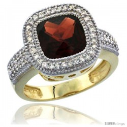 14K Yellow Gold Natural Garnet Ring Cushion-cut 9x9 Stone Diamond Accent