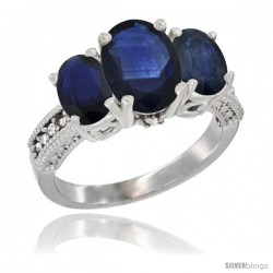 14K White Gold Ladies 3-Stone Oval Natural Blue Sapphire Ring Diamond Accent