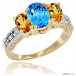 10K Yellow Gold Ladies Oval Natural Swiss Blue Topaz 3-Stone Ring with Citrine Sides Diamond Accent