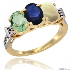 10K Yellow Gold Natural Green Amethyst, Blue Sapphire & Opal Ring 3-Stone Oval 7x5 mm Diamond Accent