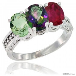 10K White Gold Natural Green Amethyst, Mystic Topaz & Ruby Ring 3-Stone Oval 7x5 mm Diamond Accent