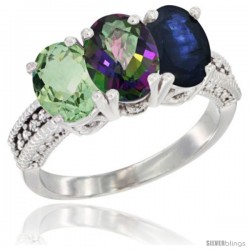 10K White Gold Natural Green Amethyst, Mystic Topaz & Blue Sapphire Ring 3-Stone Oval 7x5 mm Diamond Accent