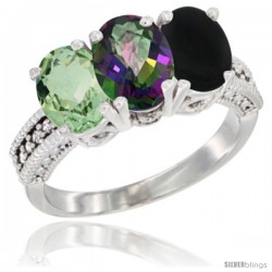 10K White Gold Natural Green Amethyst, Mystic Topaz & Black Onyx Ring 3-Stone Oval 7x5 mm Diamond Accent