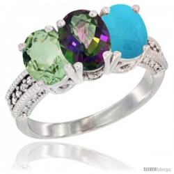 10K White Gold Natural Green Amethyst, Mystic Topaz & Turquoise Ring 3-Stone Oval 7x5 mm Diamond Accent