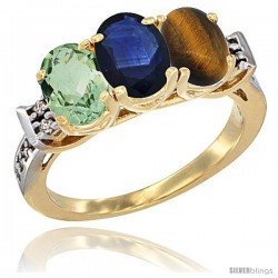 10K Yellow Gold Natural Green Amethyst, Blue Sapphire & Tiger Eye Ring 3-Stone Oval 7x5 mm Diamond Accent