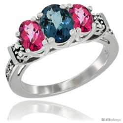 14K White Gold Natural London Blue Topaz & Pink Topaz Ring 3-Stone Oval with Diamond Accent