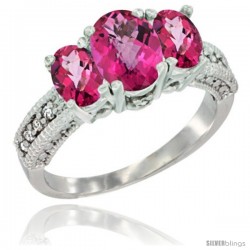 14k White Gold Ladies Oval Natural Pink Topaz 3-Stone Ring Diamond Accent