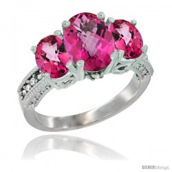 14K White Gold Ladies 3-Stone Oval Natural Pink Topaz Ring Diamond Accent