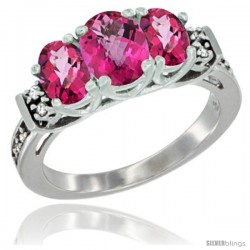 14K White Gold Natural Pink Topaz Ring 3-Stone Oval with Diamond Accent