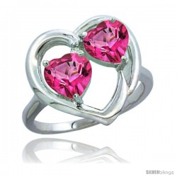 14k White Gold 2-Stone Heart Ring 6 mm Natural Pink Topaz Stones Diamond Accent