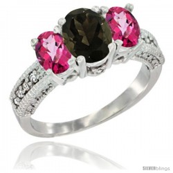 14k White Gold Ladies Oval Natural Smoky Topaz 3-Stone Ring with Pink Topaz Sides Diamond Accent